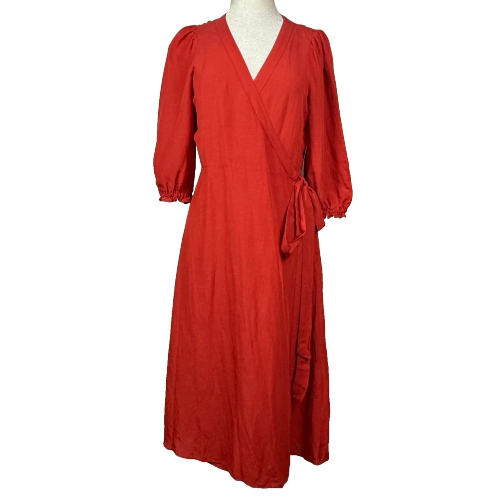 Madewell Wrap Dress Womens M Red Linen Blend Cottage Boho Midi Romantic READ